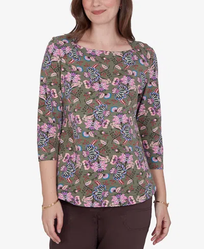 Ruby Rd. Petite Kint Garden Top Square-neck 3/4-sleeve Floral Blouse In Green