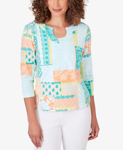 Ruby Rd. Petite Knit Patchwork Top In Clear Blue Multi