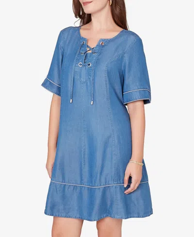Ruby Rd. Petite Lace-up Neck Tipped Dress In Blue