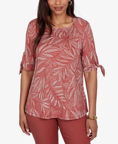 Ruby Rd. Petite Leaf Puff Print Knit Tie Sleeve Top In Brown