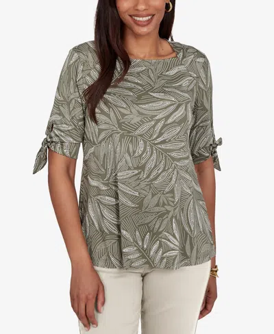 Ruby Rd. Petite Leaf Puff Print Knit Tie Sleeve Top In Gray