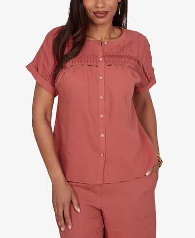 Ruby Rd. Petite Lightweight Pleated Short-sleeve Top In Brown