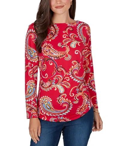 Ruby Rd. Petite Long-sleeve Boat-neck Paisley Blouse In Red