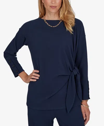 Ruby Rd. Petite Long-sleeve Boat-neck Side-tie Top In Blue