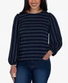 Ruby Rd. Petite Long-sleeve Dobby-stripe Crewneck Blouse In Blue