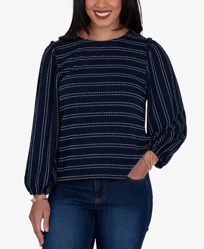 Ruby Rd. Petite Long-sleeve Dobby-stripe Crewneck Blouse In Blue