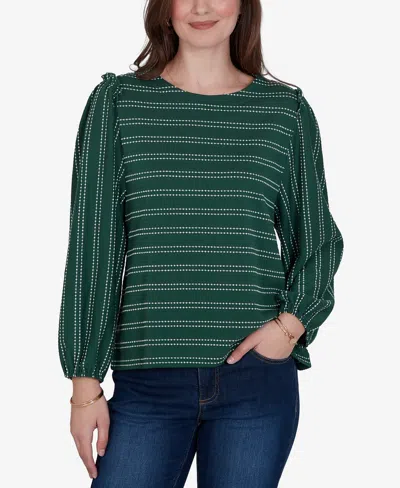 Ruby Rd. Petite Long-sleeve Dobby-stripe Crewneck Blouse In Green