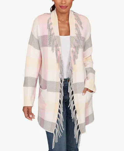 Ruby Rd. Petite Luxe Plaid Fringed Cardigan Sweater In Pink