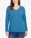 Ruby Rd. Petite Luxe Rib V-neck Button Accent Knit Top In Blue