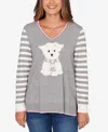 Ruby Rd. Petite Maltese Puppy Striped Sleeve Pullover Sweater In Gray
