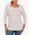Ruby Rd. Petite Marled Stripe Envelope Neck Rib Knit Top In Neutral