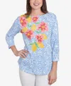 Ruby Rd. Petite Medallion Bold Floral Three Quarter Sleeve T-shirt In Bluebird Multi