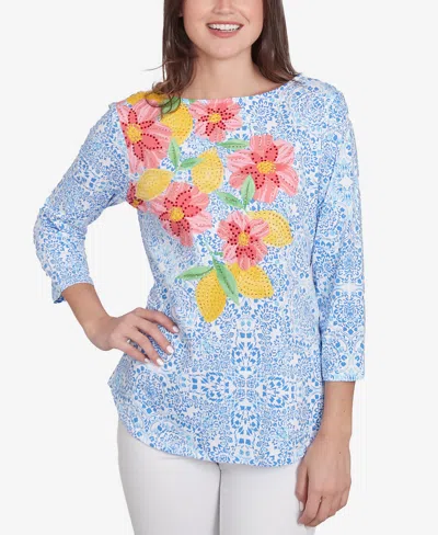 Ruby Rd. Petite Medallion Bold Floral Three Quarter Sleeve T-shirt In Bluebird Multi