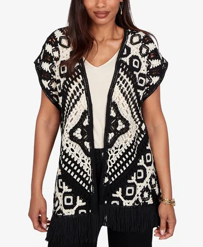 Ruby Rd. Petite Medallion Crochet Fringe Short-sleeve Cardigan In White