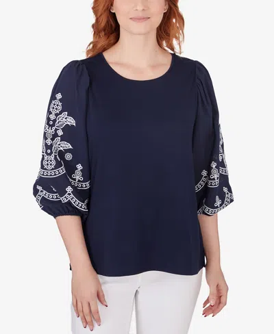 Ruby Rd. Petite Medallion Embroidered Lantern Sleeve Top In Navy