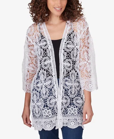 Ruby Rd. Petite Medallion Lace Scalloped Cardigan In White