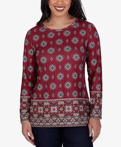 Ruby Rd. Petite Medallion Long-sleeve Knit Top In Burgundy