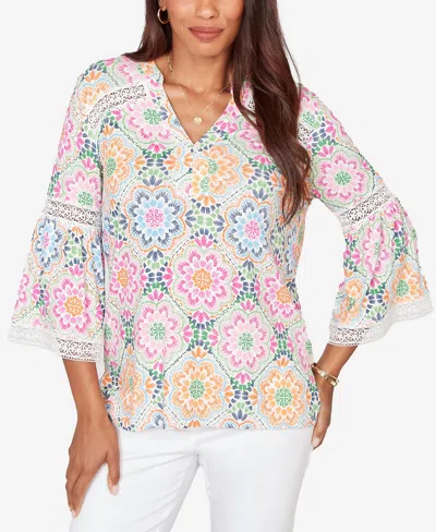 Ruby Rd. Petite Medallion Print Lace Detail Knit Top In Multi