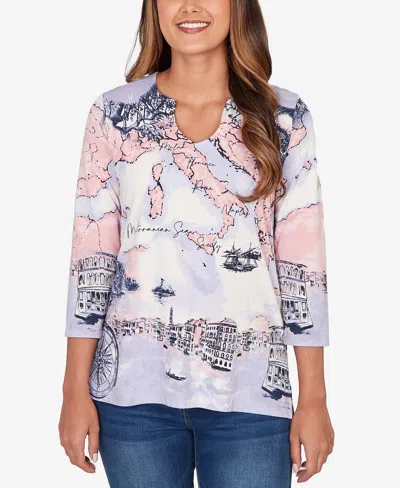 Ruby Rd. Petite Mediterranean Scenic Print Cotton Top In Multi