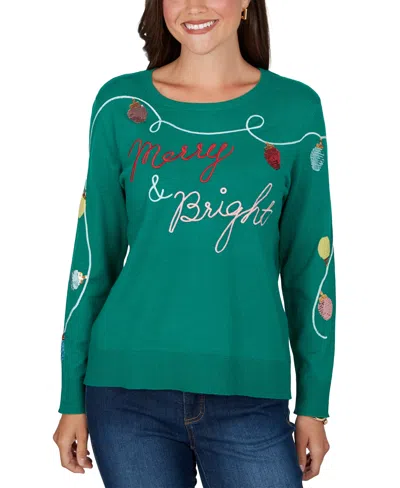 Ruby Rd. Petite Merry Sequin Crewneck Long-sleeve Pullover In Green