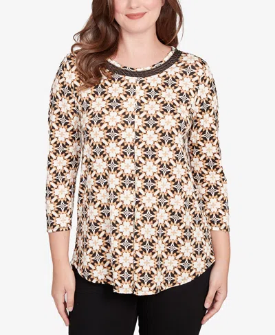 Ruby Rd. Petite Mesh Textured Geo Puff Print Top In Multi