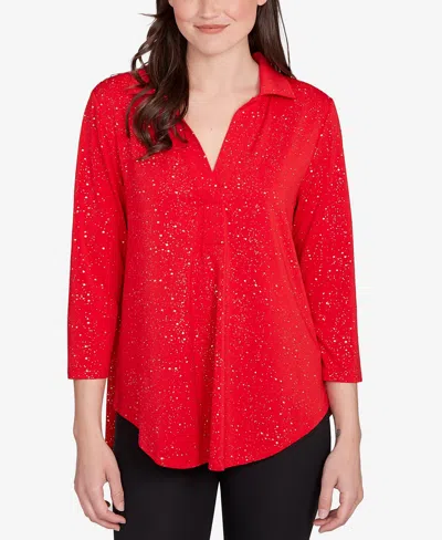 Ruby Rd. Petite Metallic Dew Drop Shirt Collar Top In Red