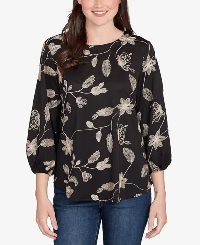 Ruby Rd. Petite Metallic Embroidered Floral Top In Black