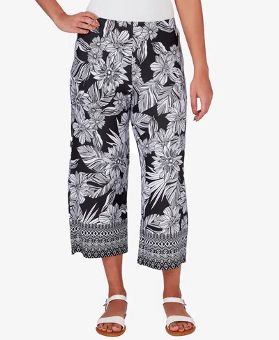 Ruby Rd. Petite Mid Rise Pull On Floral Soft Wide Leg Pant In Black,white