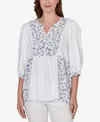 Ruby Rd. Petite Mixed Fabric Sharkbite Knit Top In White