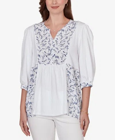 Ruby Rd. Petite Mixed Fabric Sharkbite Knit Top In White