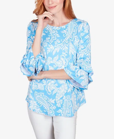 Ruby Rd. Petite Monotone Paisley Puff Print Party Top In Capri Blue Multi