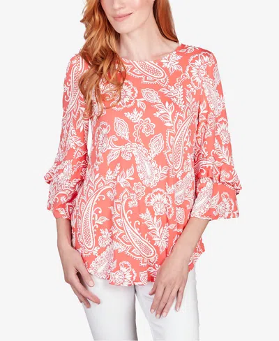 Ruby Rd. Petite Monotone Paisley Puff Print Party Top In Guava Multi