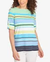 Ruby Rd. Petite Multi Stripe Roll Tab Sleeve T Shirt