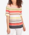 Ruby Rd. Petite Multi Stripe Roll Tab Sleeve T Shirt