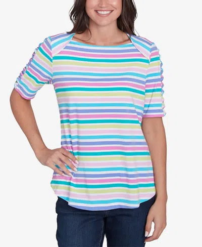Ruby Rd. Petite Oasis Stripe Ladder Sleeve T-shirt In Capri Blue Multi