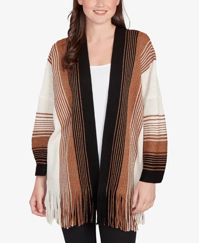 Ruby Rd. Petite Open Fringed Stripe Cardigan Sweater In Brown
