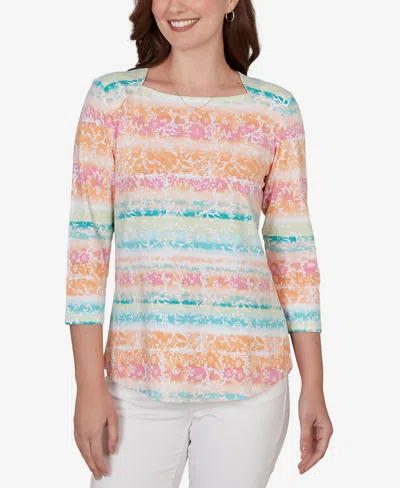 Ruby Rd. Petite Painted Floral Stripe Knit Top In Multi