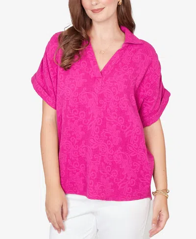 Ruby Rd. Petite Paisley Embossed Gauze Camp Shirt In Pink