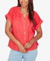 Ruby Rd. Petite Paisley Embroidered Gauze-button T-shirt In Red