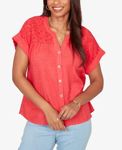 Ruby Rd. Petite Paisley Embroidered Gauze-button T-shirt In Red