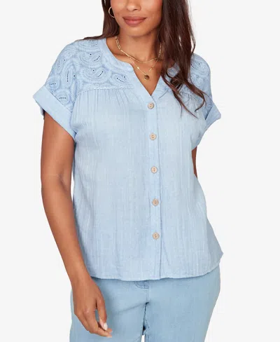 Ruby Rd. Petite Paisley Embroidered Gauze-button T-shirt In Blue