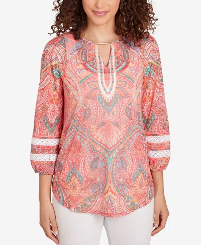 Ruby Rd. Petite Paisley Lace Knit Top In Punch Multi