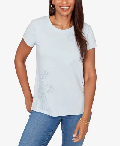 Ruby Rd. Petite Paisley Lace Solid Knit T-shirt In Blue