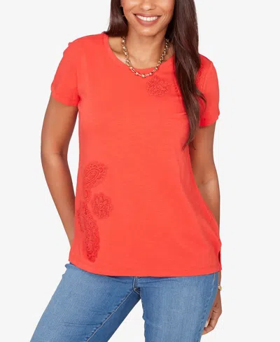 Ruby Rd. Petite Paisley Lace Solid Knit T-shirt In Red