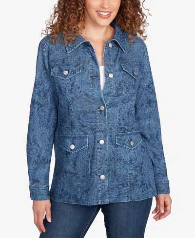 Ruby Rd. Petite Paisley Stretch Denim Utility Jacket In Blue