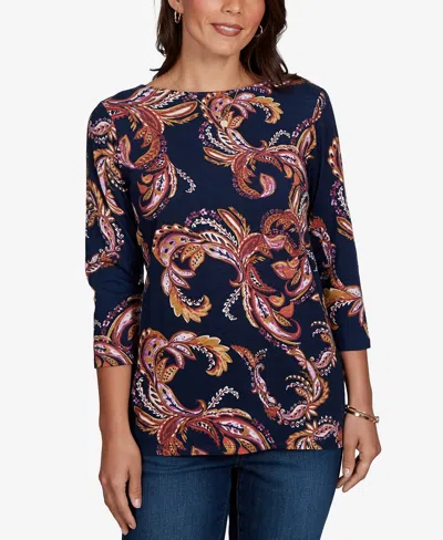 Ruby Rd. Petite Paisley-print Boat Neck 3/4-sleeve Top In Blue