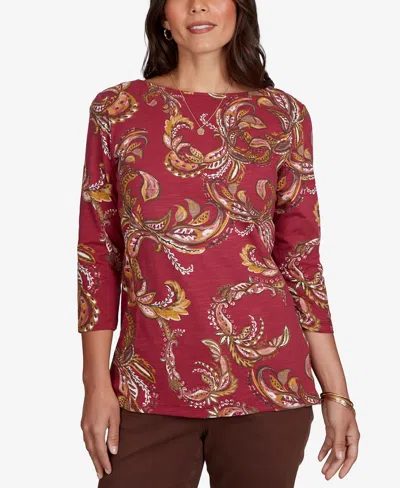 Ruby Rd. Petite Paisley-print Boat Neck 3/4-sleeve Top In Multi