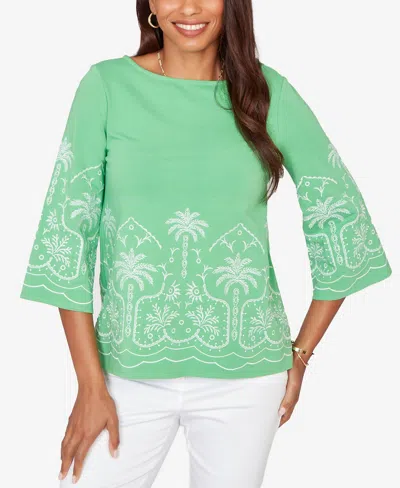 Ruby Rd. Petite Palm Tree Embroidered Knit Top In Green