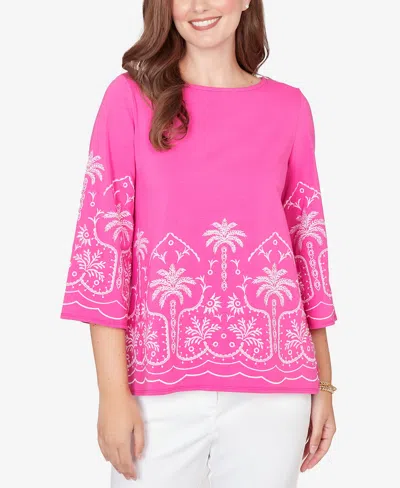 Ruby Rd. Petite Palm Tree Embroidered Knit Top In Pink