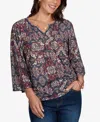 Ruby Rd. Petite Patchwork 3/4-sleeve Henley Blouse In Scarlet Multi